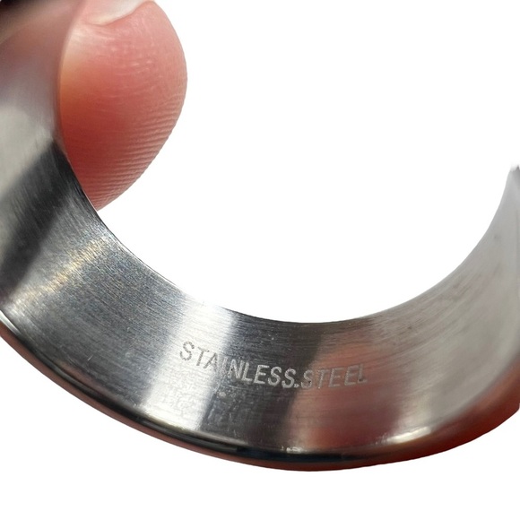 Silver Stainless Steel & Gold Tone Groove Wide Band Ring - Picture 5 of 10